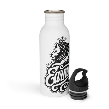 White water bottle with lion and crown logo and black cap.