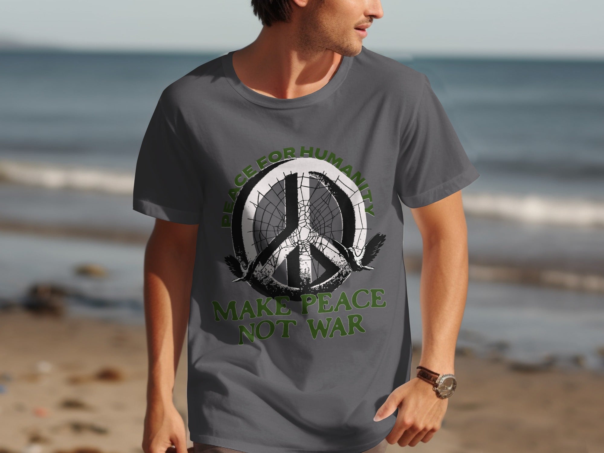 Grey t-shirt with peace symbol, two birds, and text Make Peace Not War.