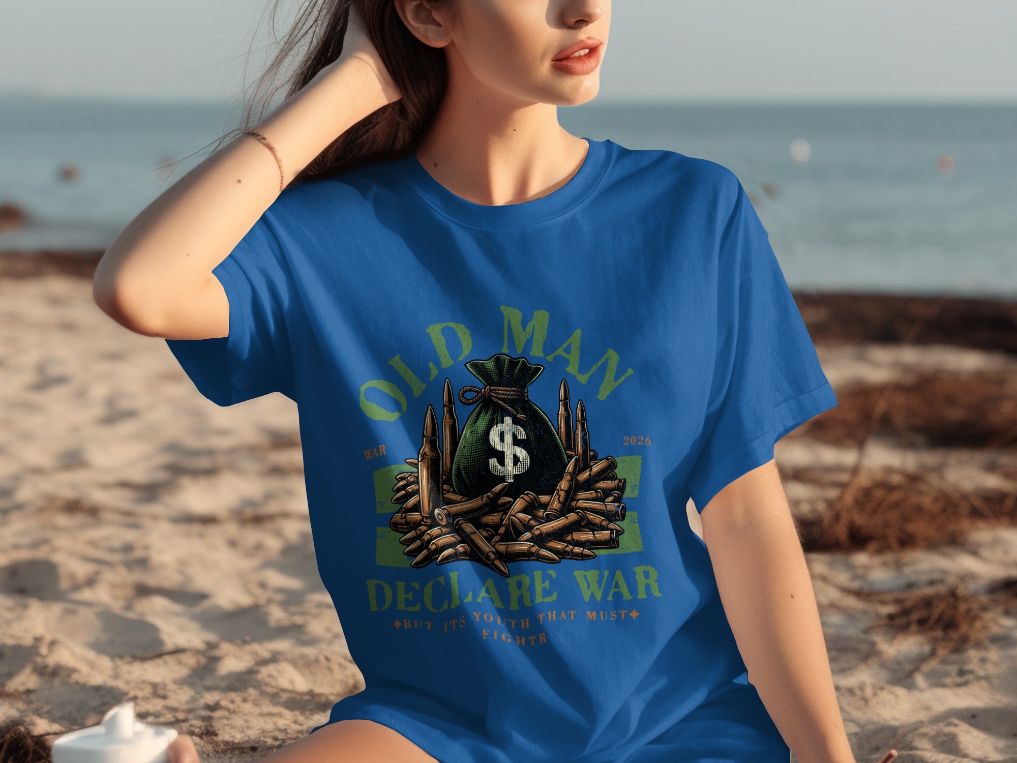 Blue t-shirt featuring a money bag, bullets, and text "OLD MAN DECLARE WAR".