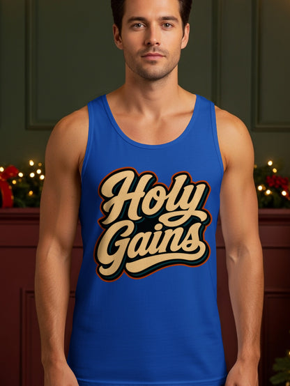 Blue tank top with "Holy Gains" text in retro style letters.