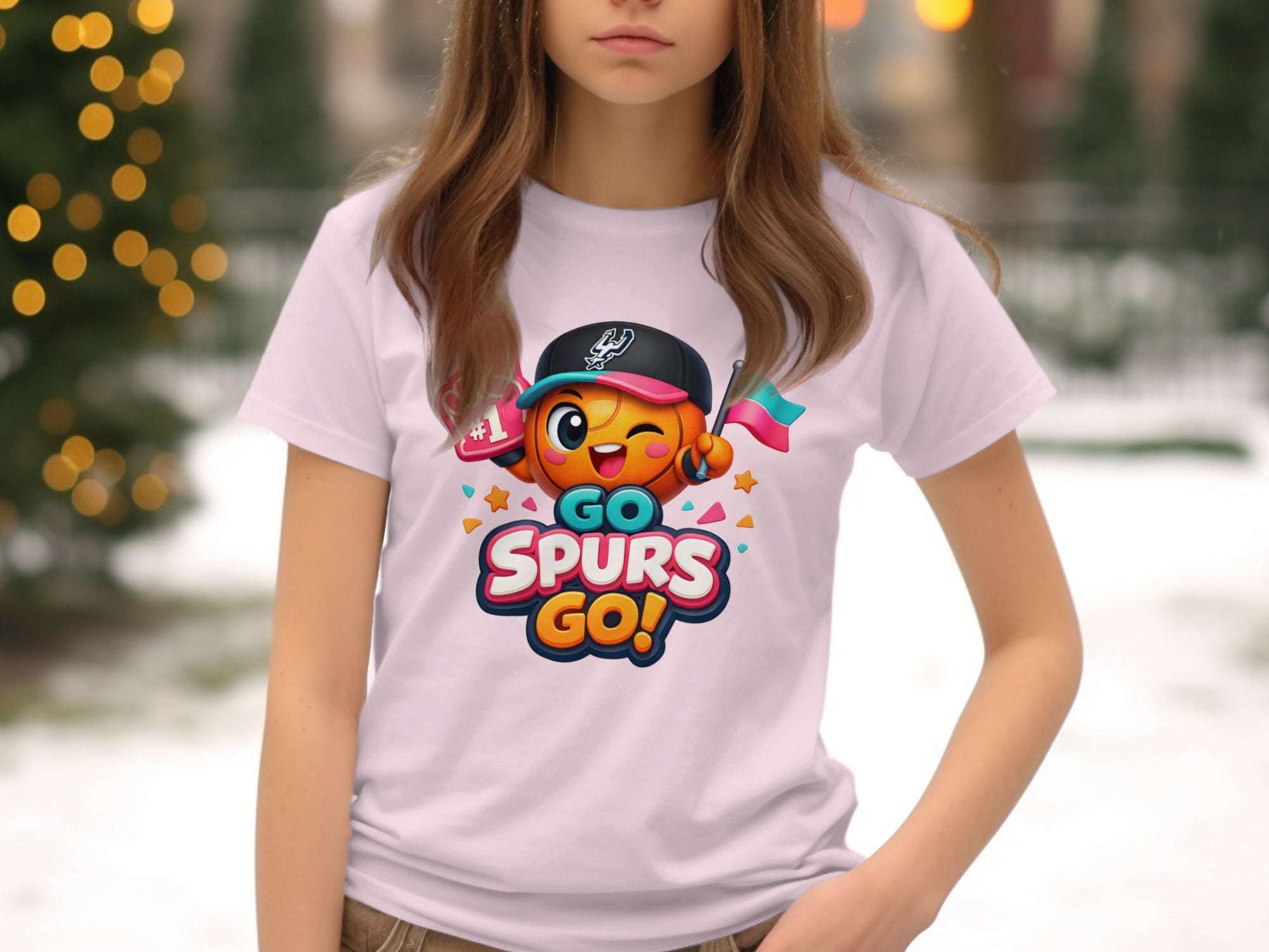 White t-shirt with cartoon basketball character and "Go Spurs Go!" text.