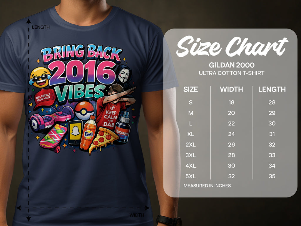 Dark blue t-shirt with "Bring Back 2016 Vibes" and pop culture icons. Includes size chart.