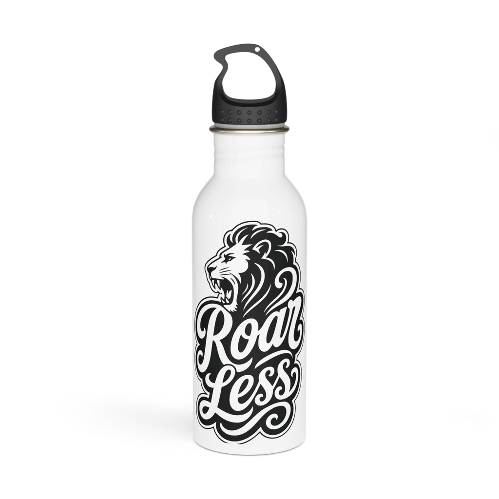 White water bottle with black lion graphic and text "Roar Less."