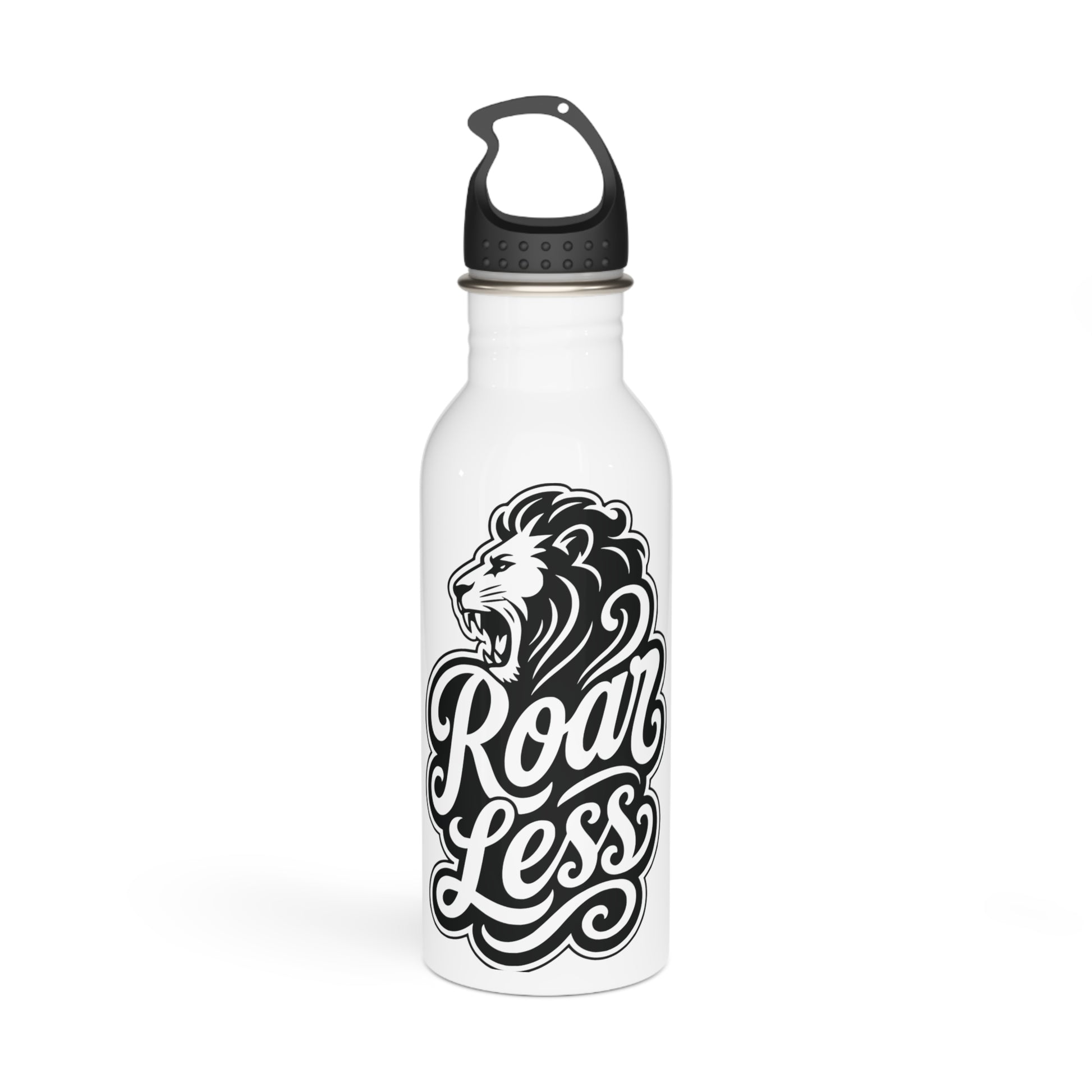 White water bottle with black lion graphic and text "Roar Less."