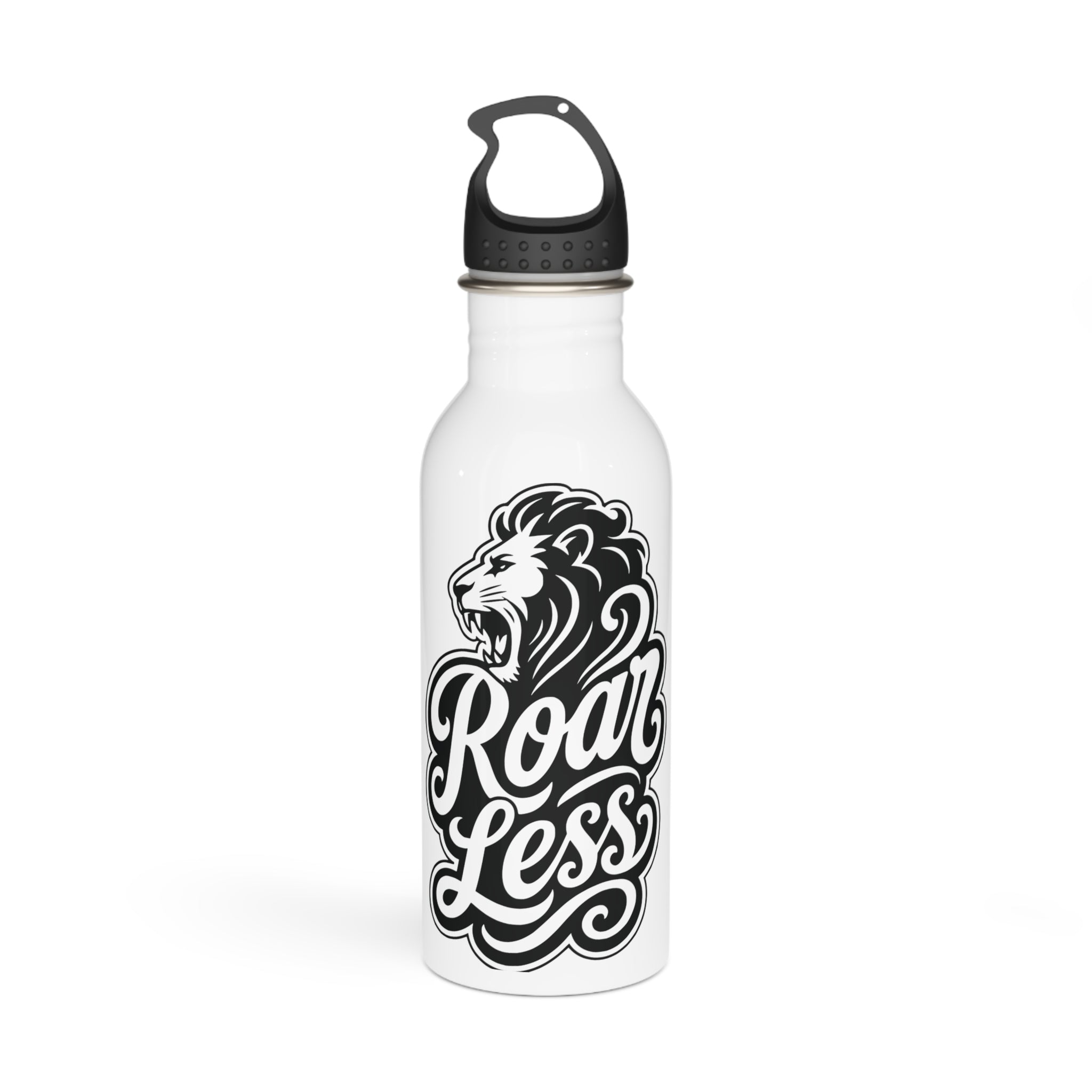 White water bottle with black lion graphic and text "Roar Less."