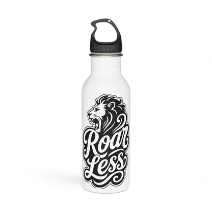 White water bottle with black lion graphic and text "Roar Less."