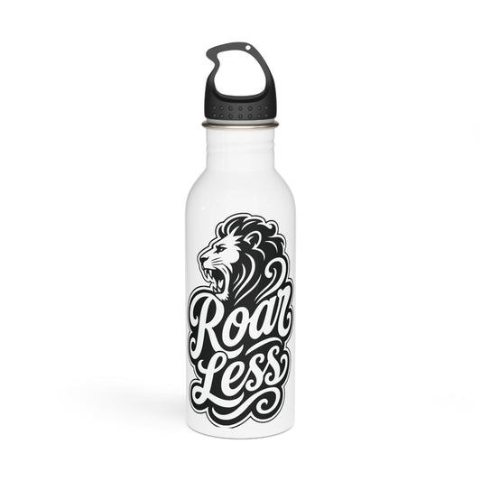 White water bottle with black lion graphic and text "Roar Less."