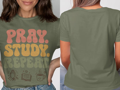 Green t-shirt with "Pray. Study. Repeat." text and religious icons.