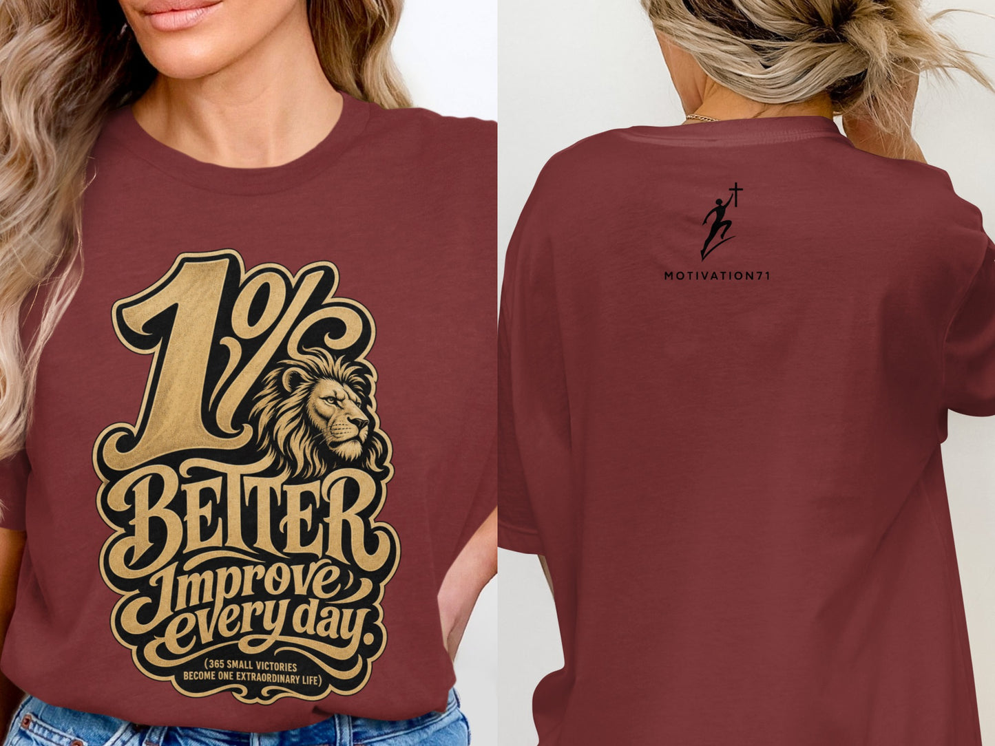 T-shirt with "1% Better" lion graphic and "Improve every day" text.