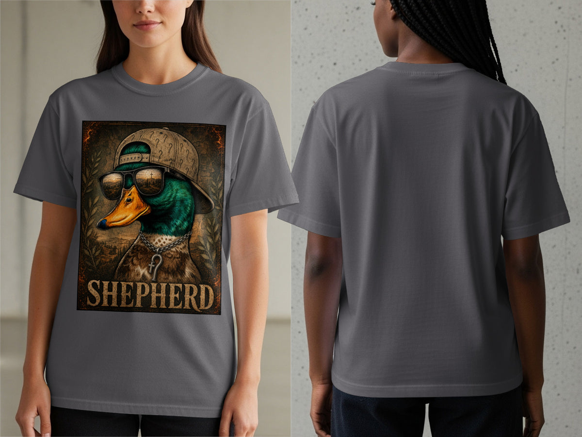Graphic tee with a duck wearing sunglasses and a hat, reads "SHEPHERD".