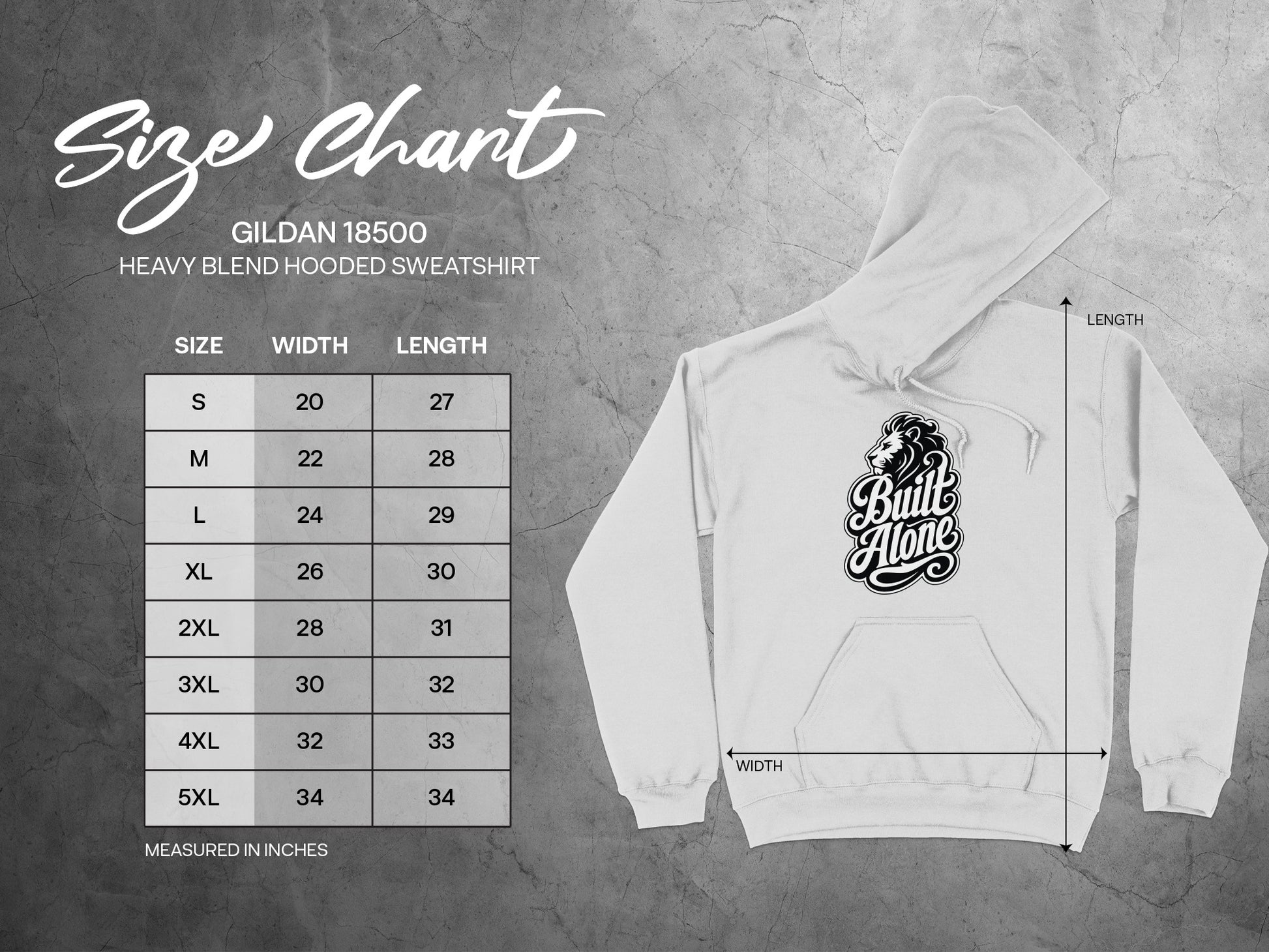 Gildan 18500 Heavy Blend Hooded Sweatshirt size chart with width and length measurements in inches.