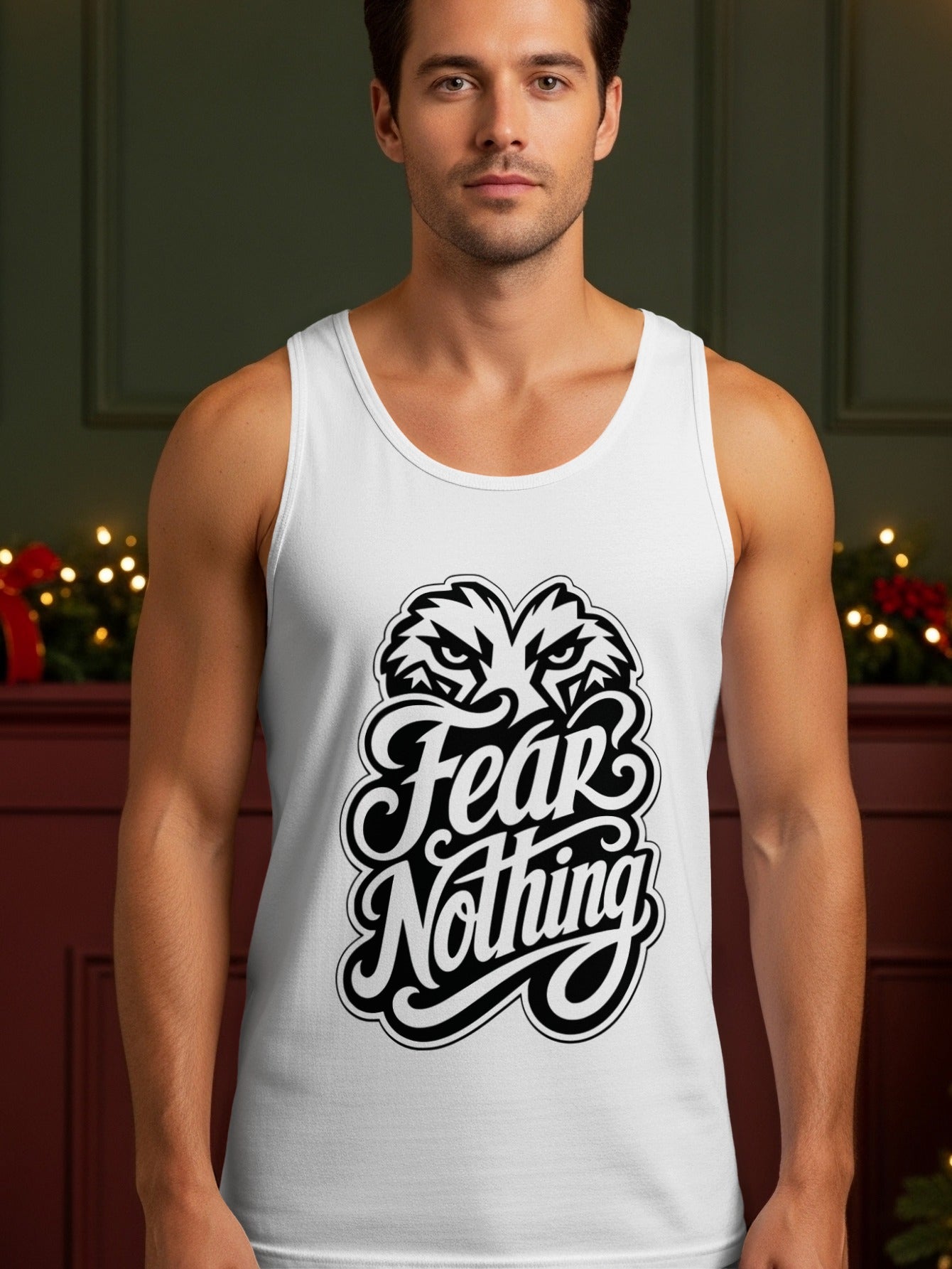 White tank top on man with "Fear Nothing" graphic and eagle eyes.