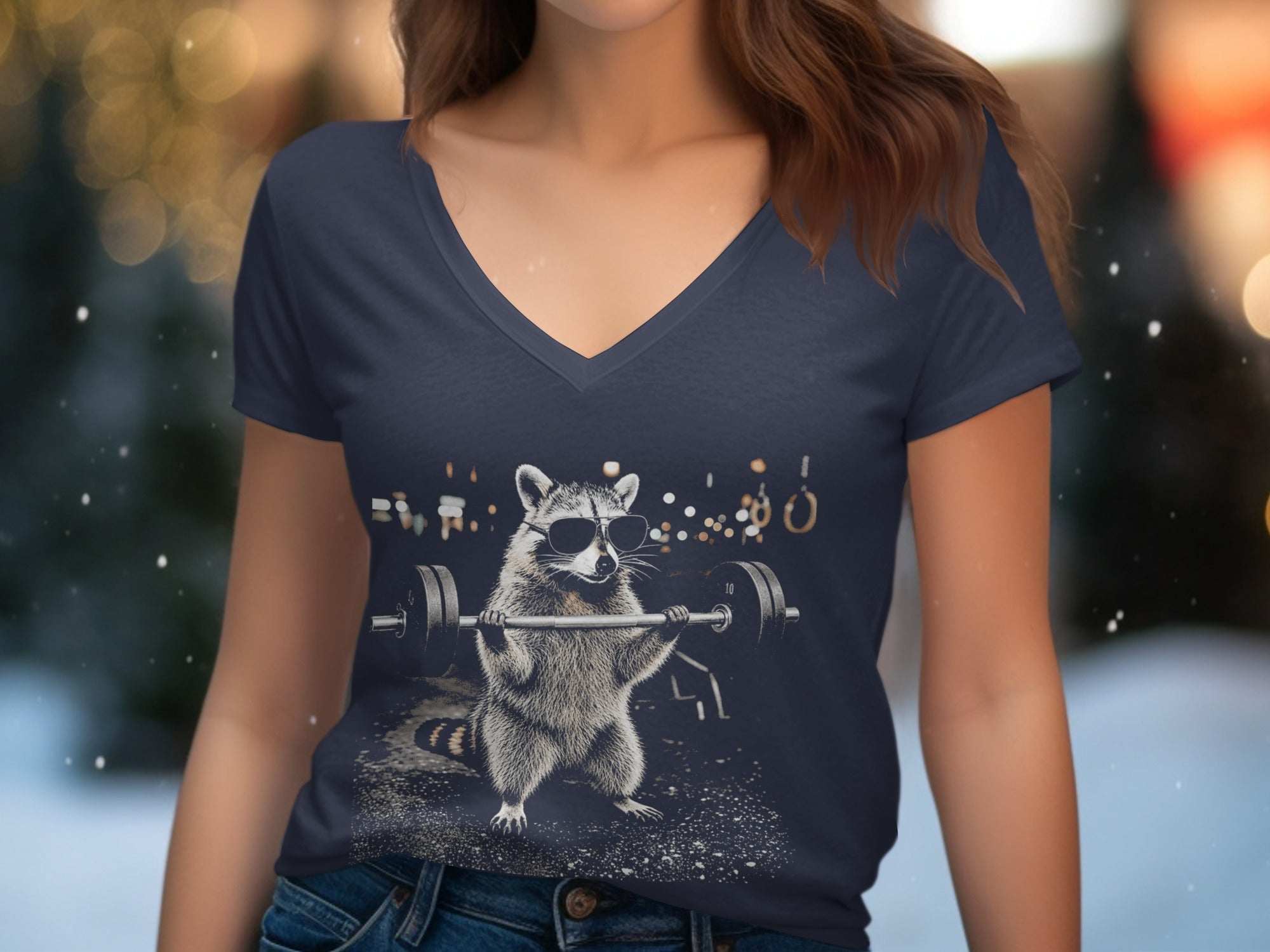 Raccoon wearing sunglasses lifting barbell on a dark background with bokeh lights.