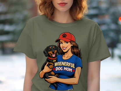 Illustration of woman in blue shirt with "Wienerful Dog Mom" text holding a dachshund.
