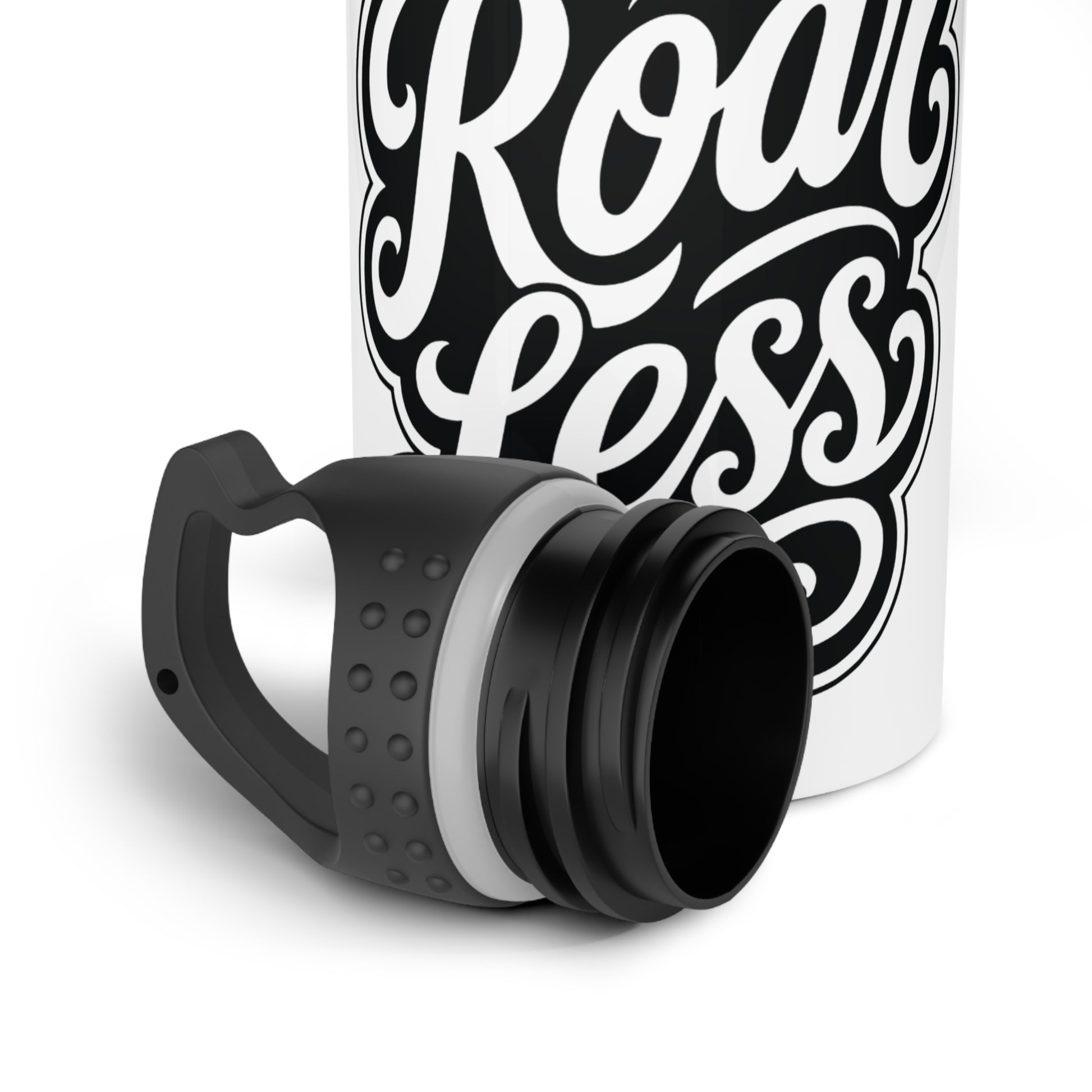 White water bottle with black "Roar less" text and detached black lid.