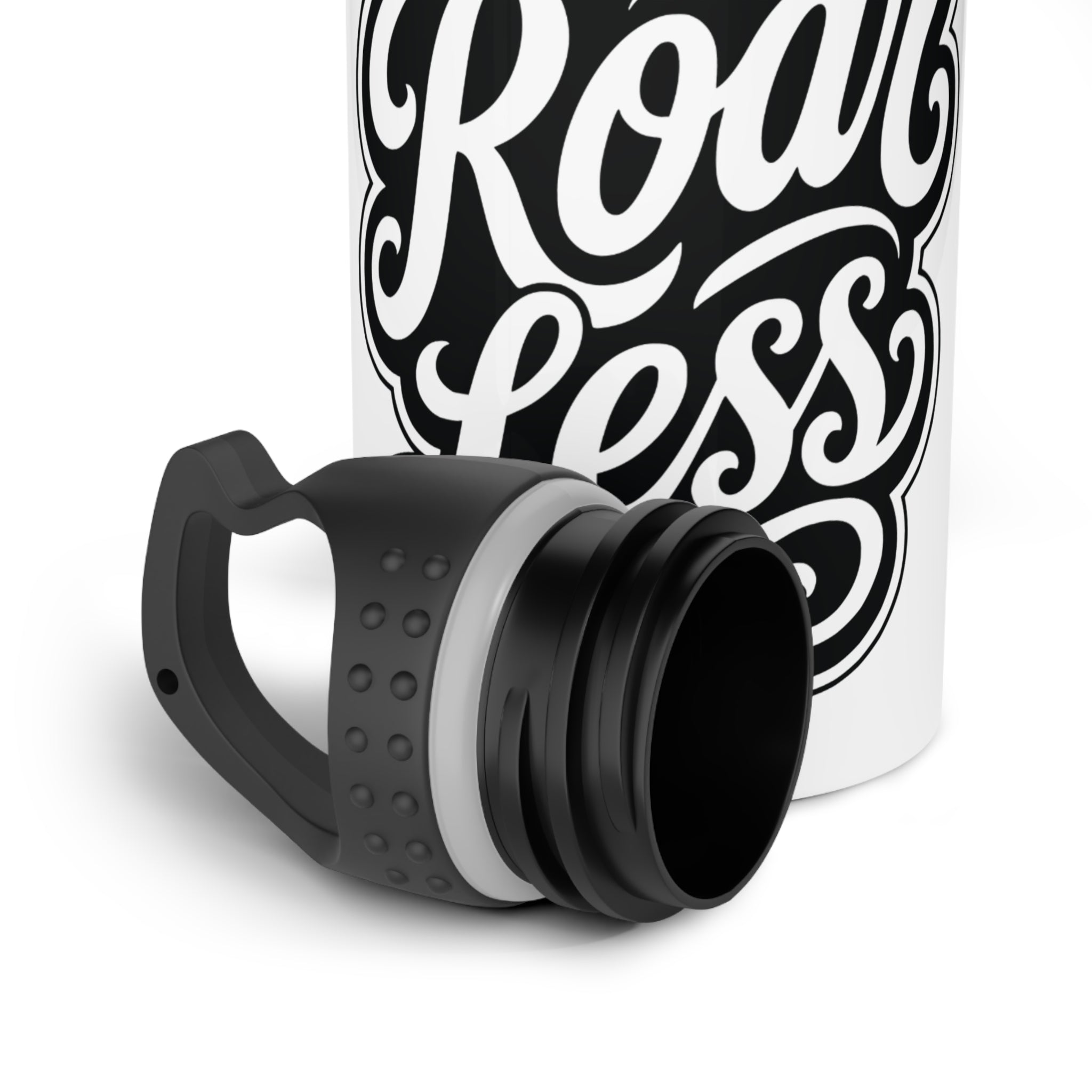 White water bottle with black "Roar less" text and detached black lid.