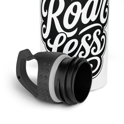 White water bottle with black "Roar less" text and detached black lid.
