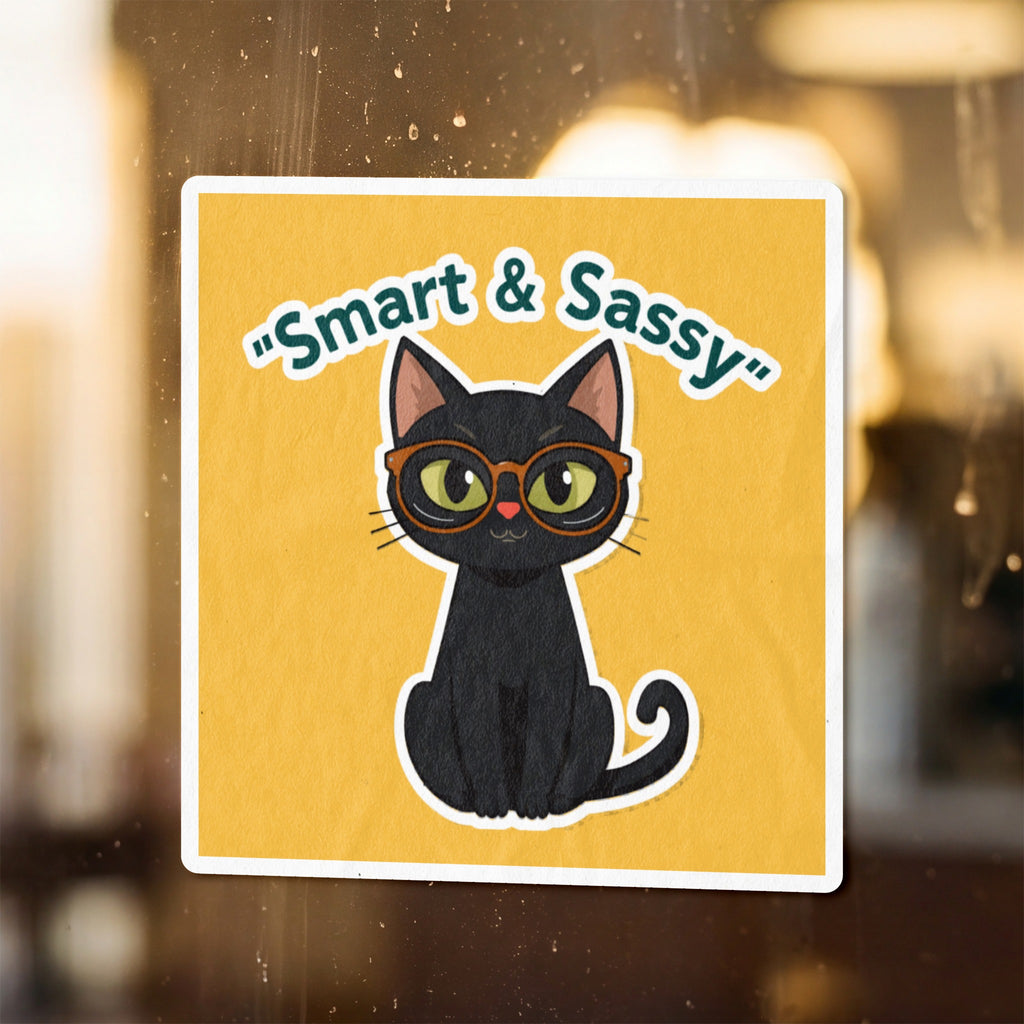 Black cat wearing glasses with "Smart & Sassy" text on yellow background
