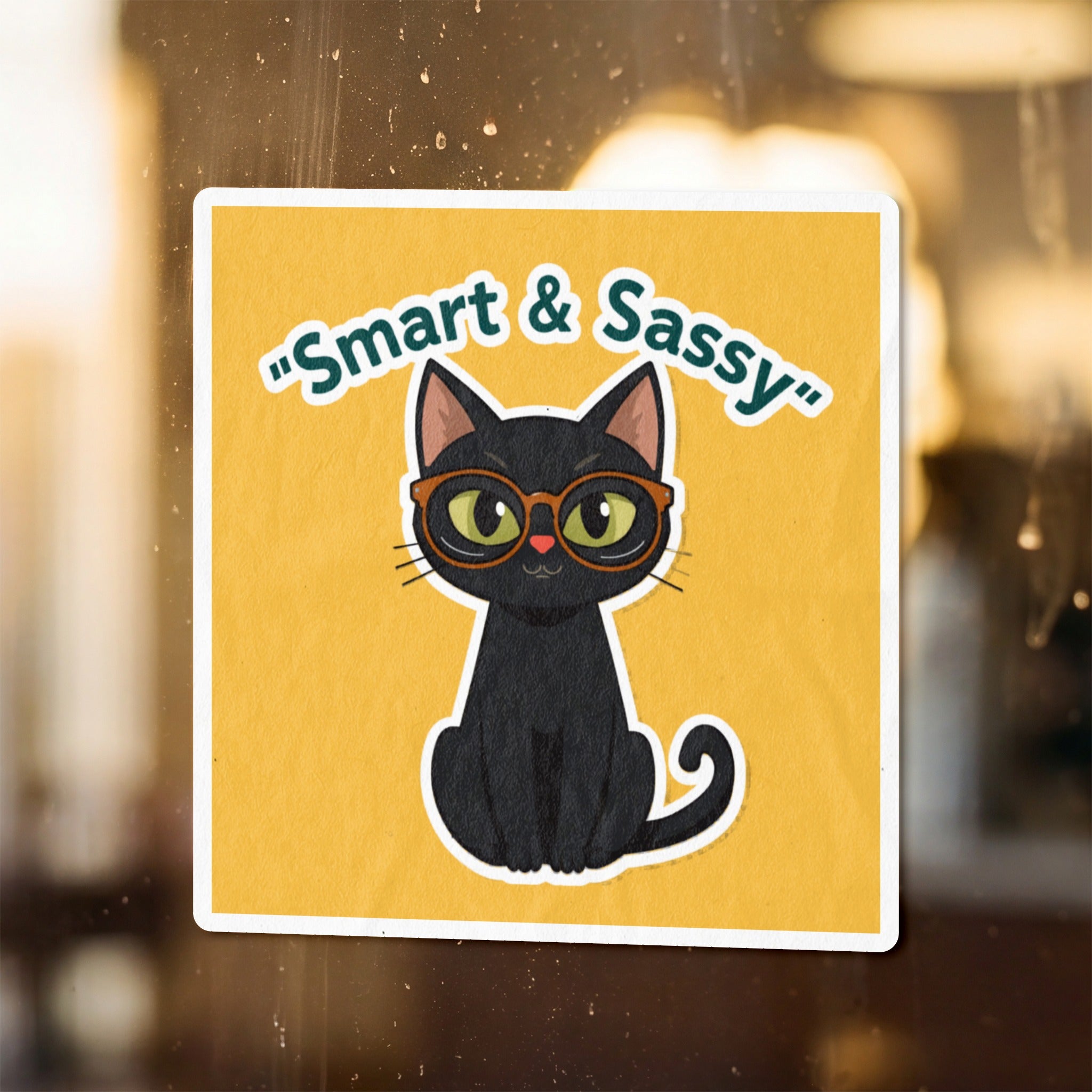 Black cat wearing glasses with "Smart & Sassy" text on yellow background