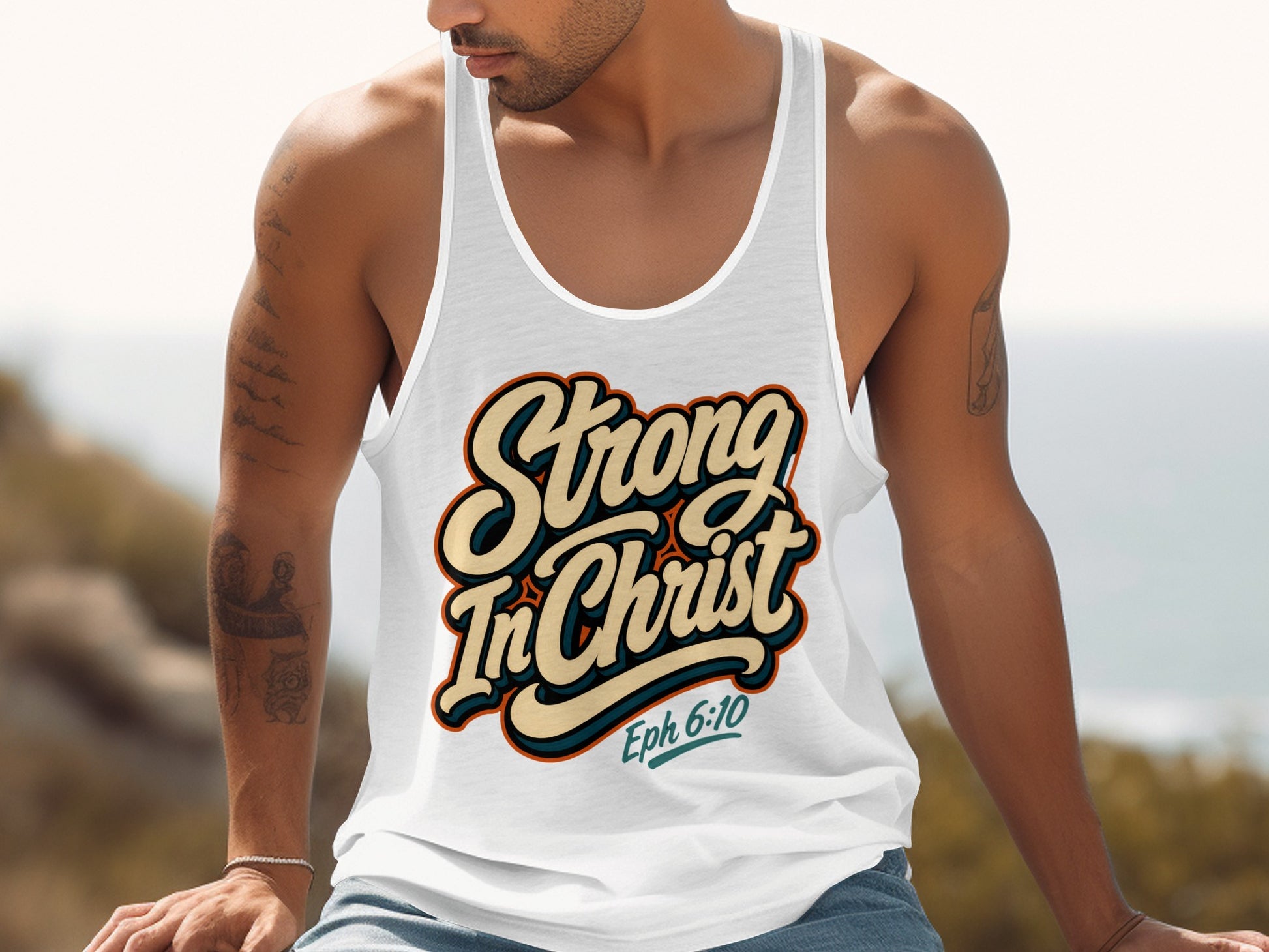 White tank top with "Strong In Christ Eph 6:10" text graphic.