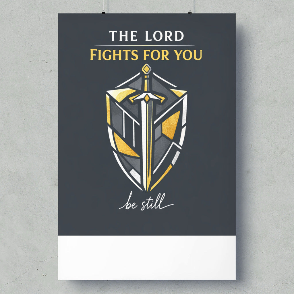 The Lord Fights For You, be still. Shield with sword artwork.