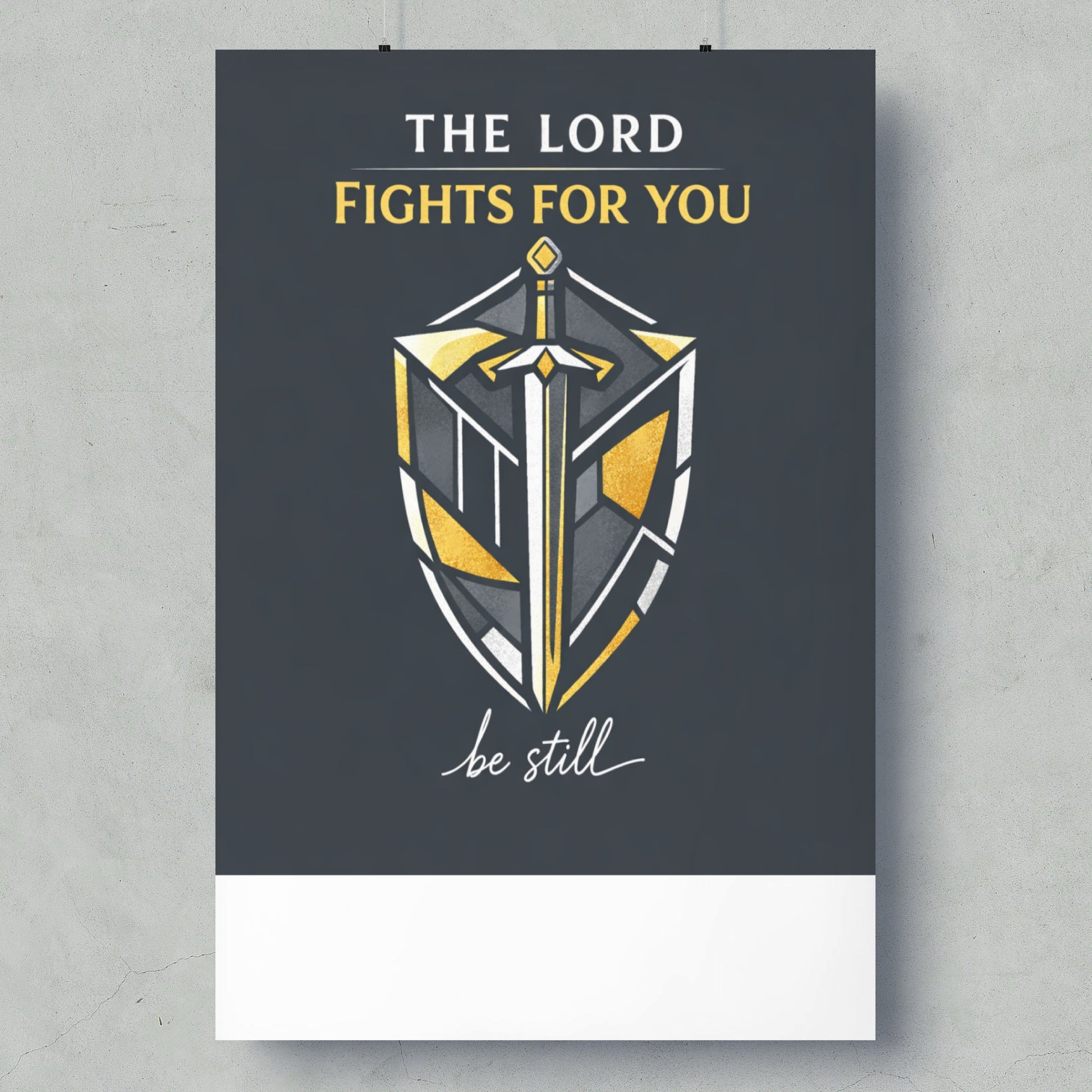The Lord Fights For You, be still. Shield with sword artwork.