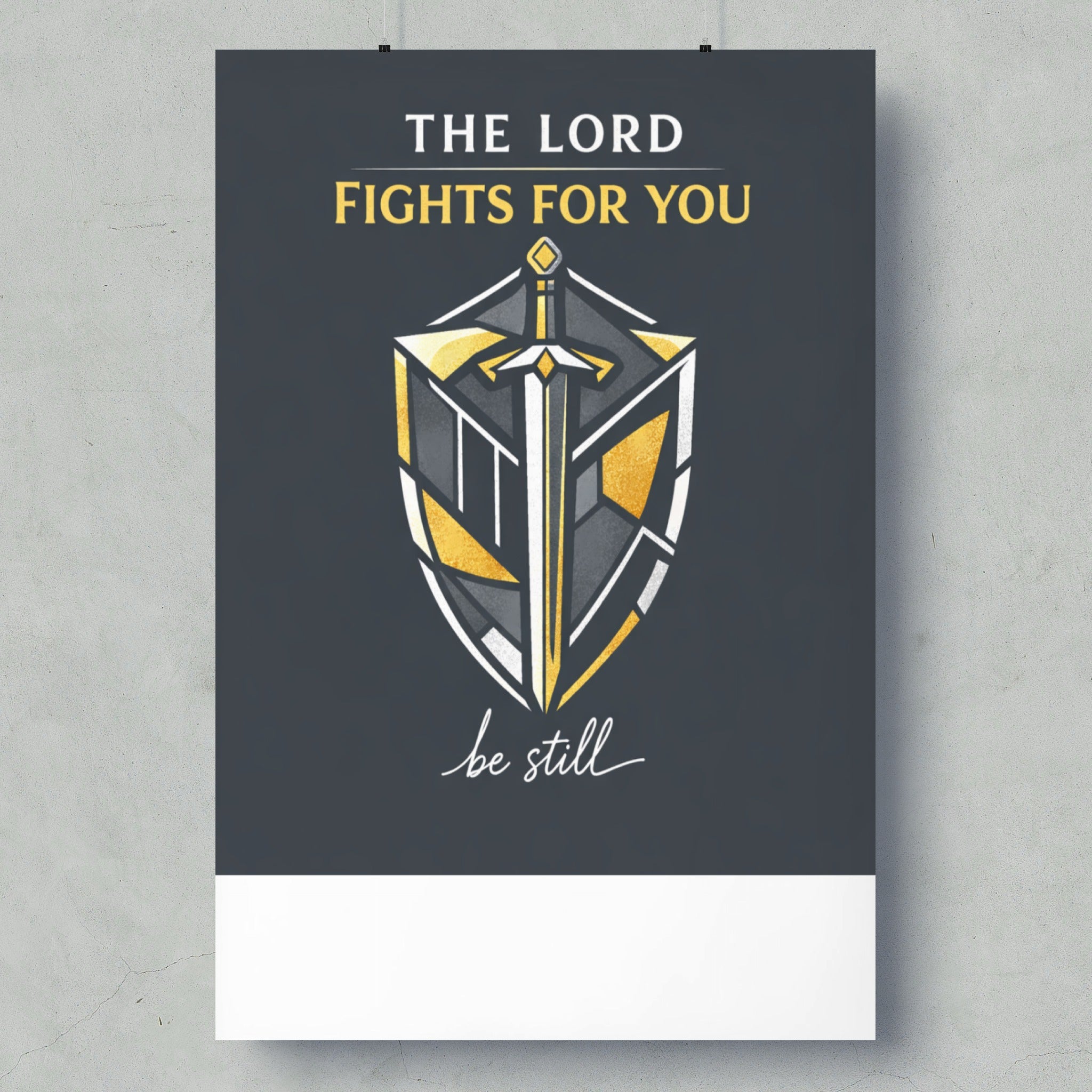 The Lord Fights For You, be still. Shield with sword artwork.