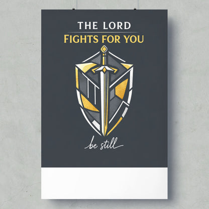 The Lord Fights For You, be still. Shield with sword artwork.