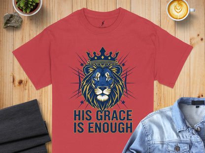 Red t-shirt with lion head wearing a crown and text "HIS GRACE IS ENOUGH".