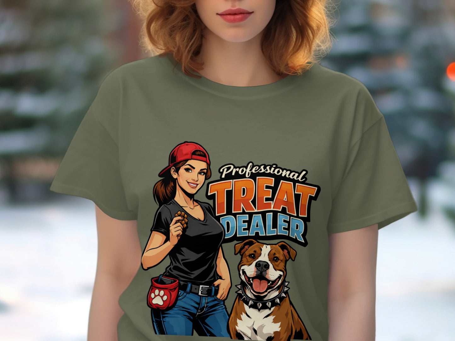 Cartoon of a woman holding treats next to a dog with "Professional Treat Dealer" text.