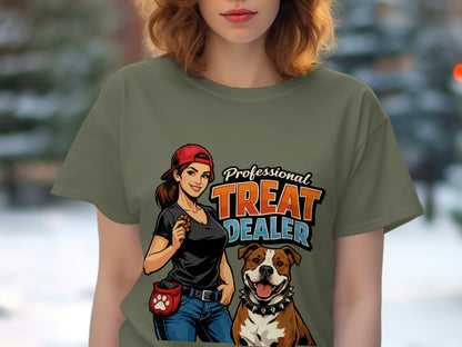 Cartoon of a woman holding treats next to a dog with "Professional Treat Dealer" text.