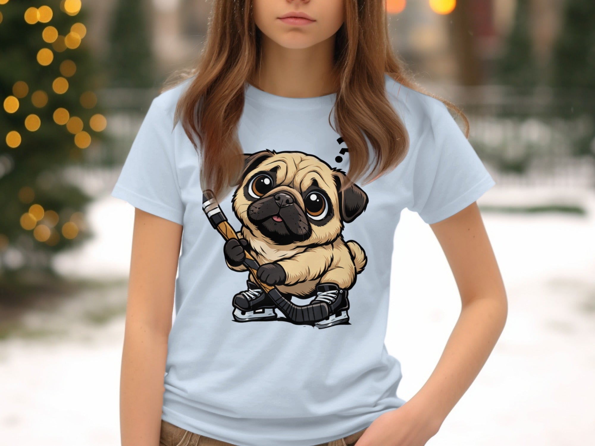 Pug in hockey skates holding a hockey stick with a question mark above its head.