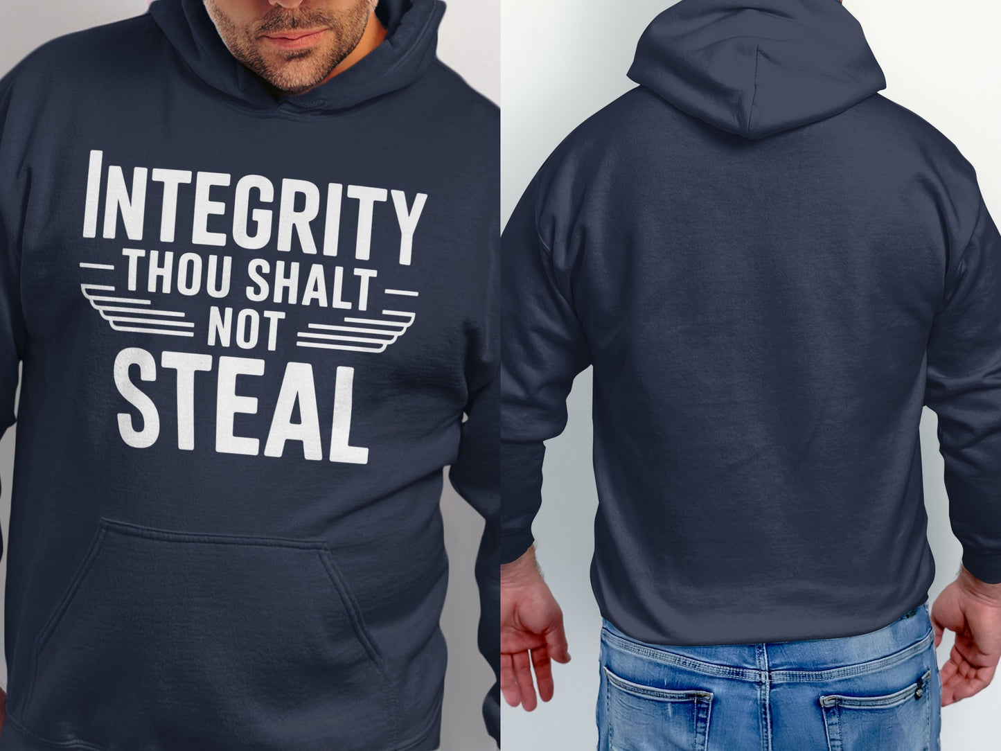 Navy hoodie with white text: Integrity Thou Shalt Not Steal.