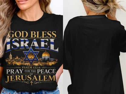 Black t-shirt with "God Bless Israel" and "Pray for the Peace of Jerusalem" text.
