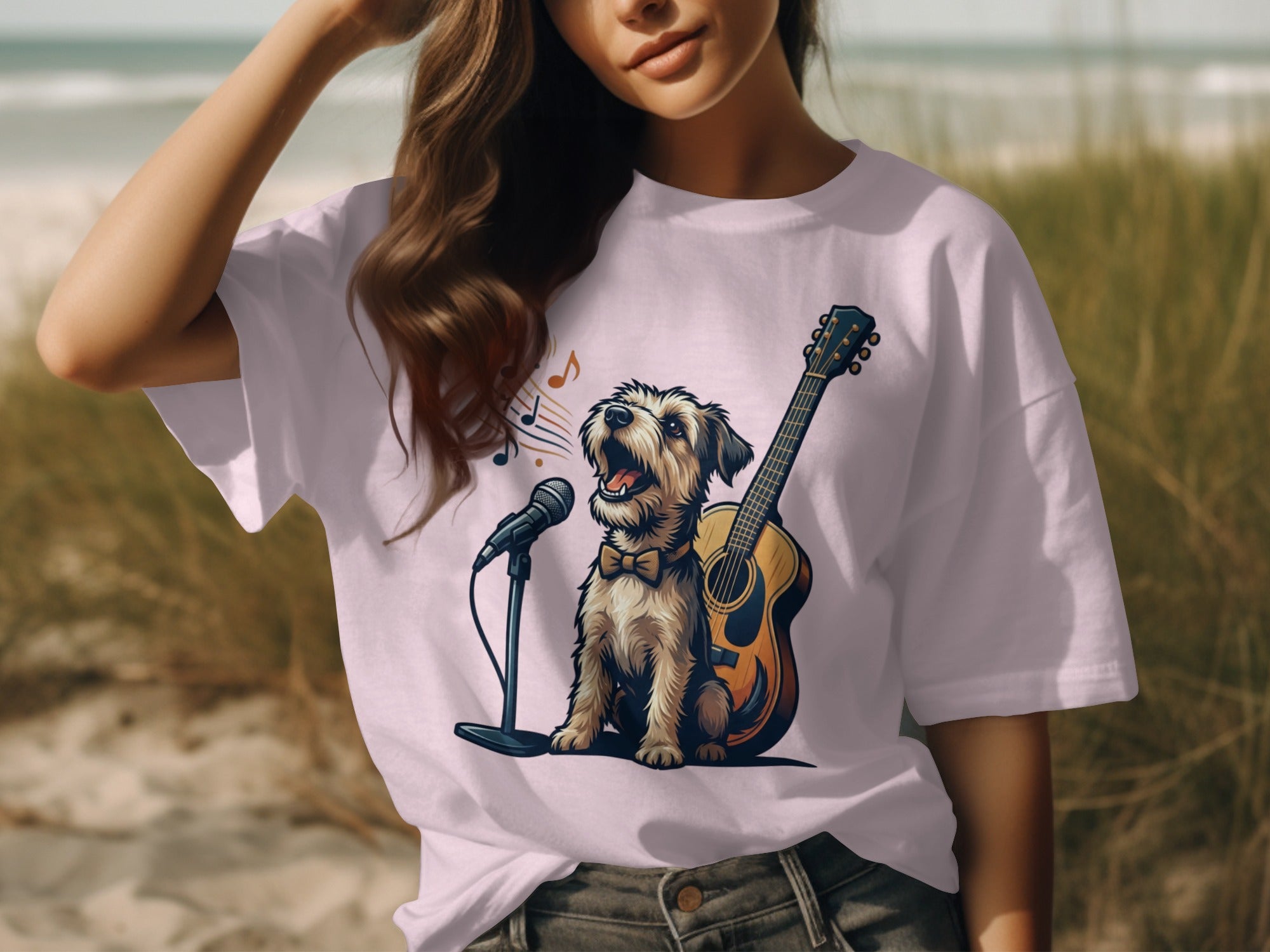 Dog wearing bowtie singing into microphone next to guitar on t-shirt.