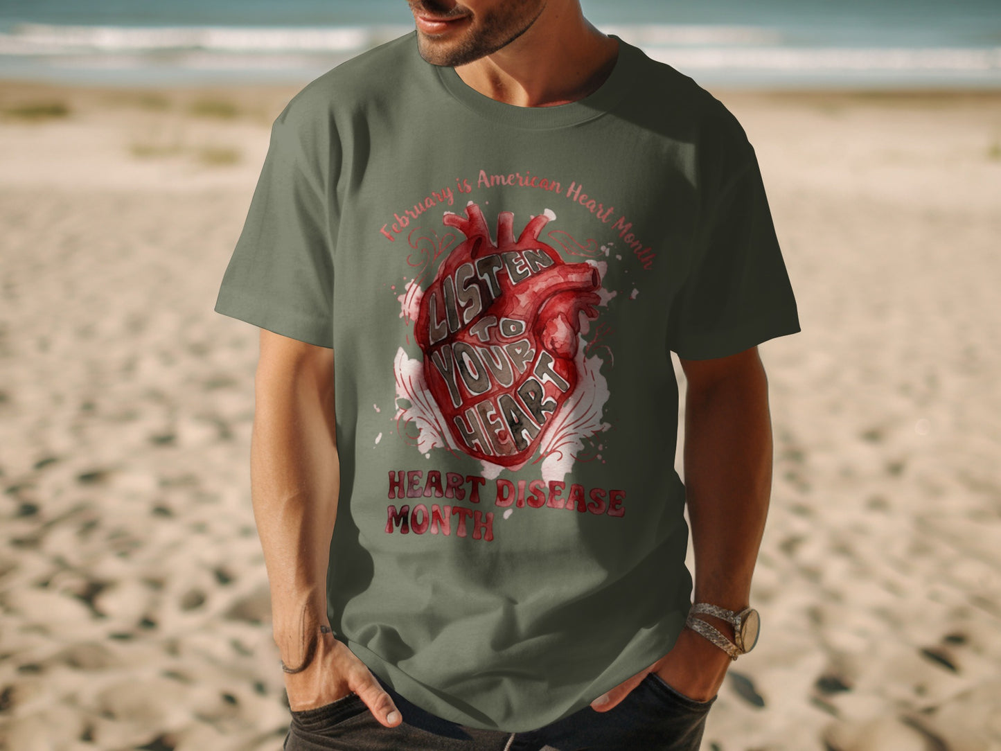 Green t-shirt with watercolor heart graphic and text "Listen to Your Heart".