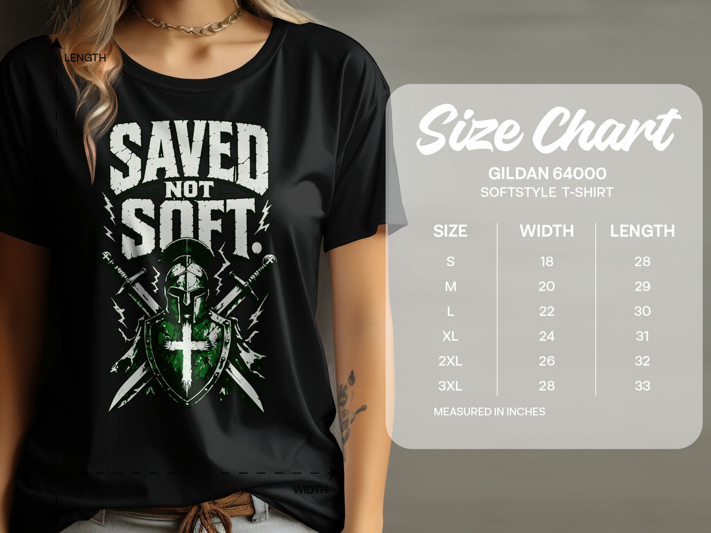 Black t-shirt with "SAVED NOT SOFT" graphic and size chart.