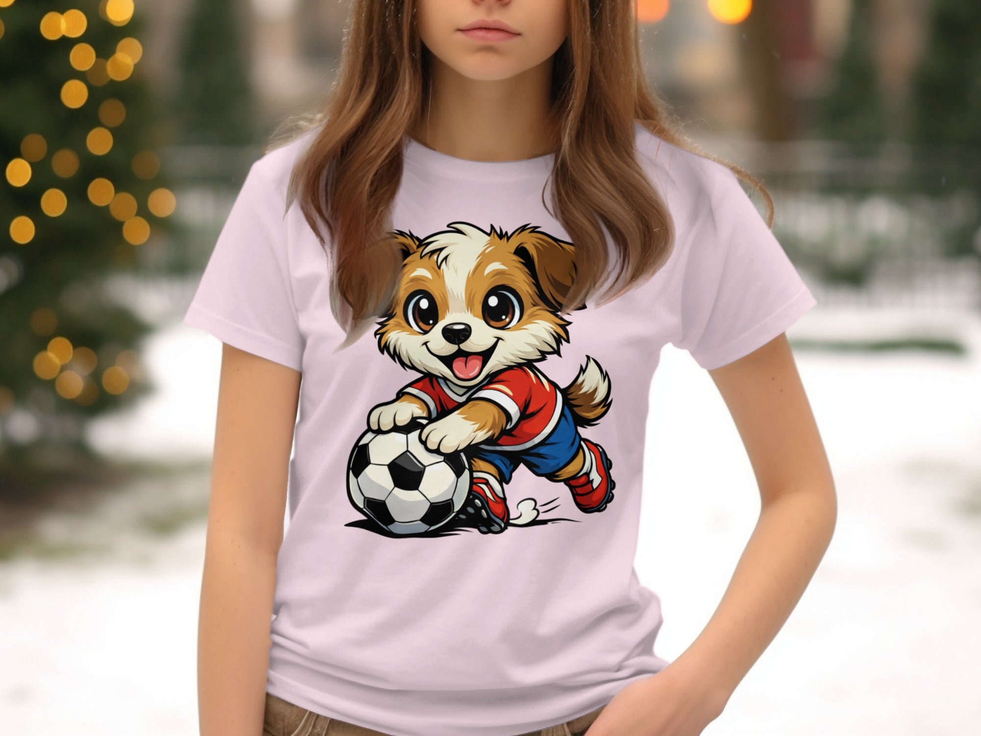 Cartoon puppy wearing a red shirt and blue shorts plays with a soccer ball.