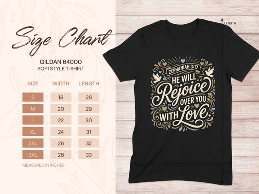 Gildan 64000 softstyle t-shirt size chart with width and length measurements.