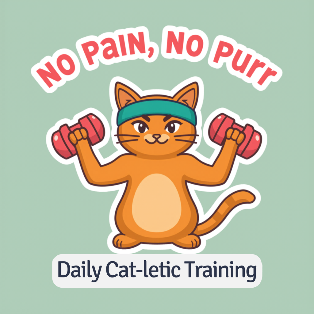 Orange cat with headband lifting dumbbells, "NO PaIN, No Purr" text, "Daily Cat-letic Training" text