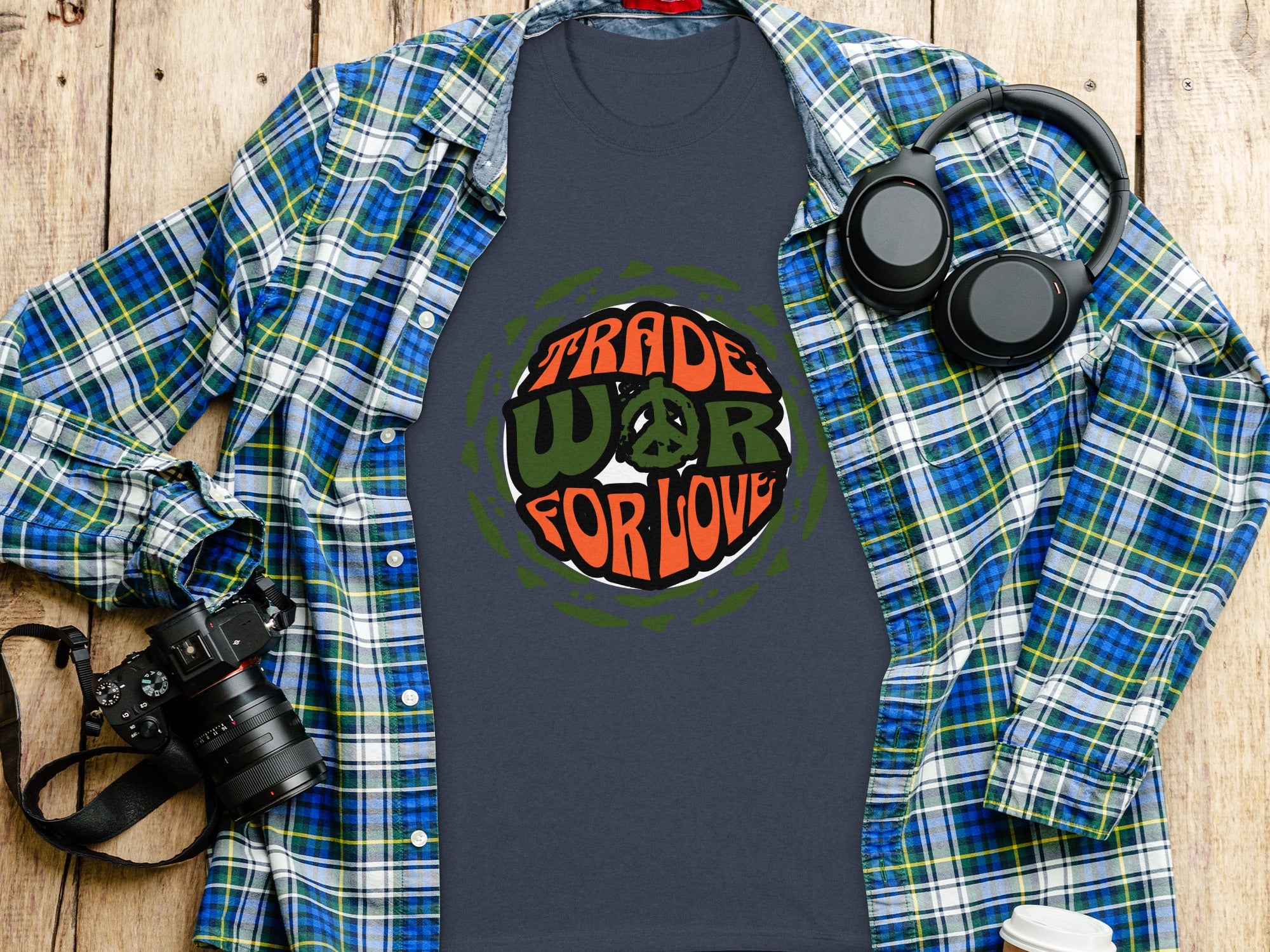 Dark grey t-shirt with "TRADE WAR FOR LOVE" and peace sign graphic.
