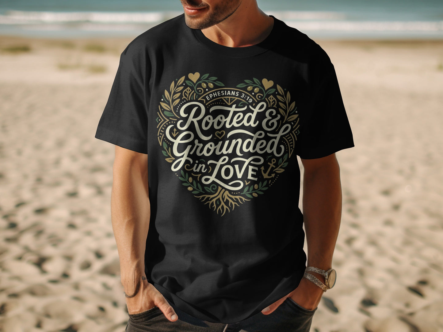 Black t-shirt with "Rooted & Grounded in Love" and Ephesians 3:19.