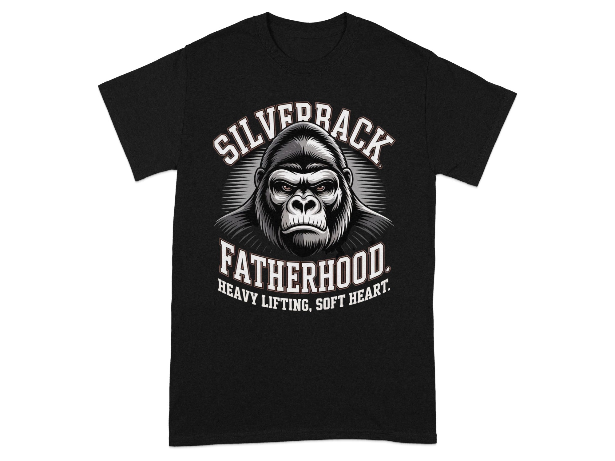 Black t-shirt featuring a gorilla graphic with text "SILVERBACK FATHERHOOD HEAVY LIFTING, SOFT HEART."