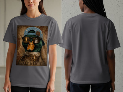 T-shirt graphic of a duck wearing a hat and sunglasses, with text "SALT & LIGHT".