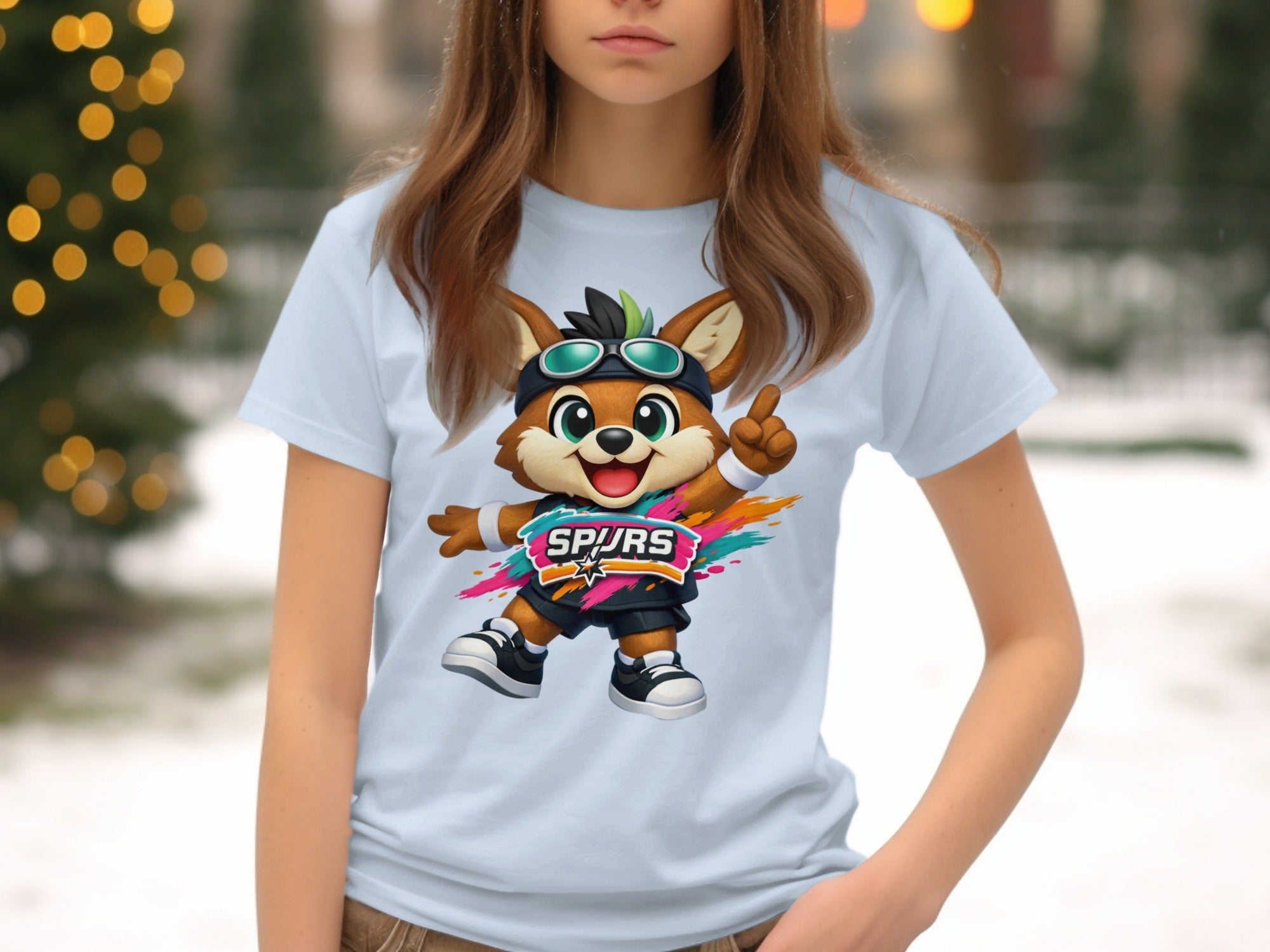 Cartoon fox character wearing Spurs jersey and goggles, pointing finger.