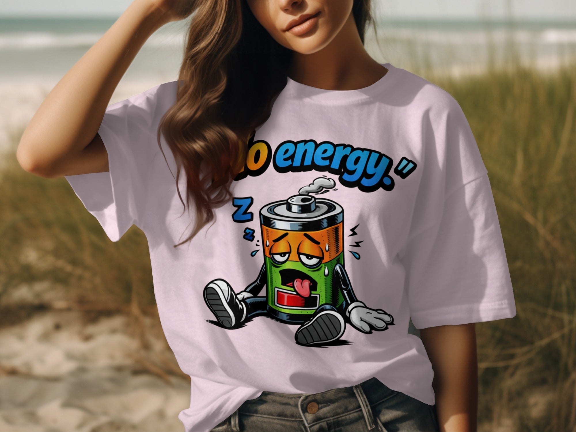 White t-shirt with cartoon battery graphic saying "no energy".