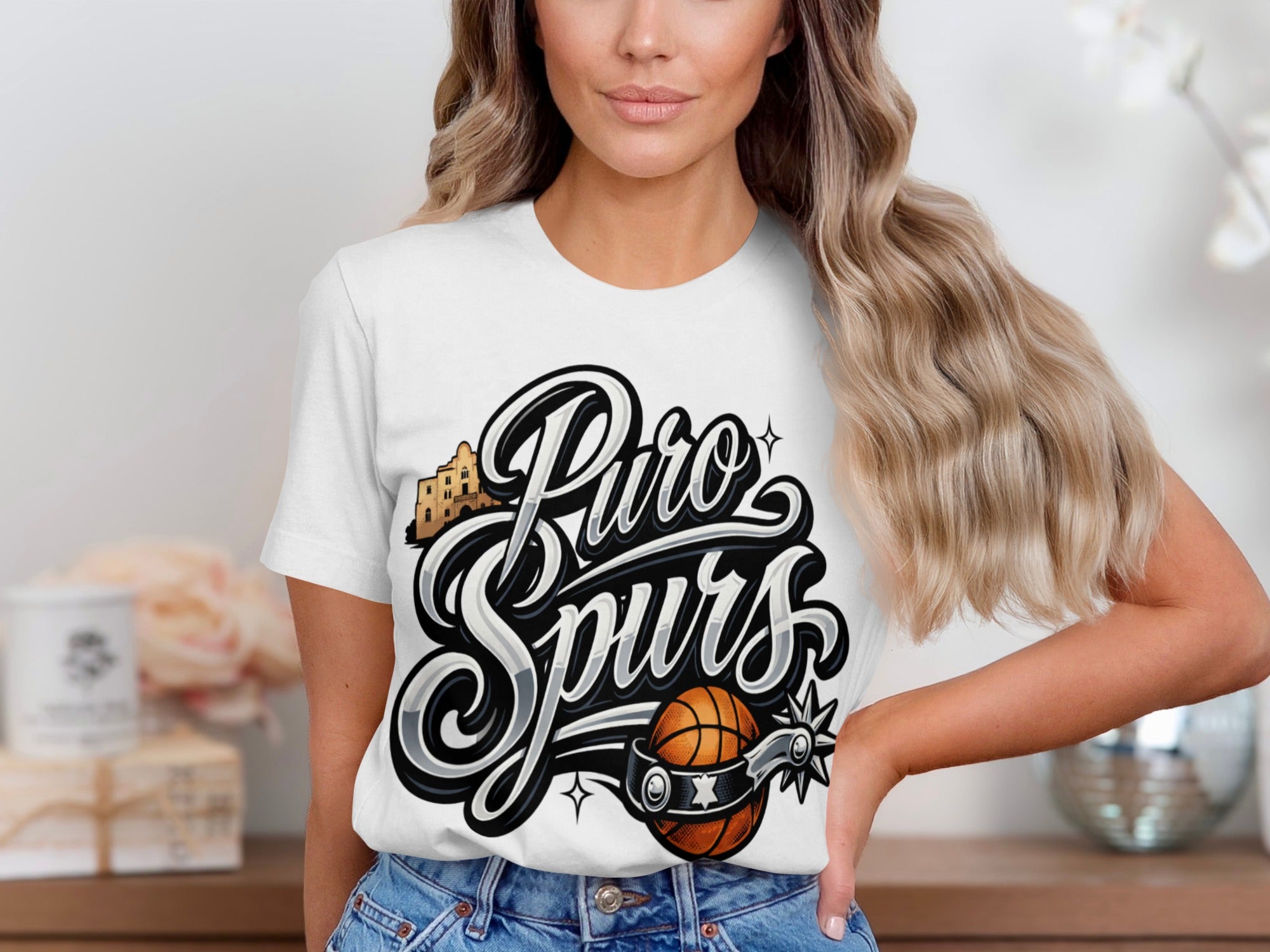 White t-shirt with "Puro Spurs" graphic, basketball, and spur.