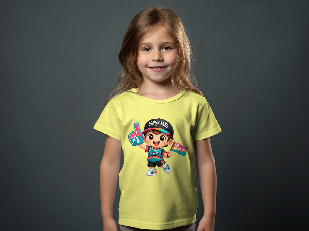 Girl wearing a yellow t-shirt with a cartoon Spurs fan graphic and "GO SPURS GO!" flag.