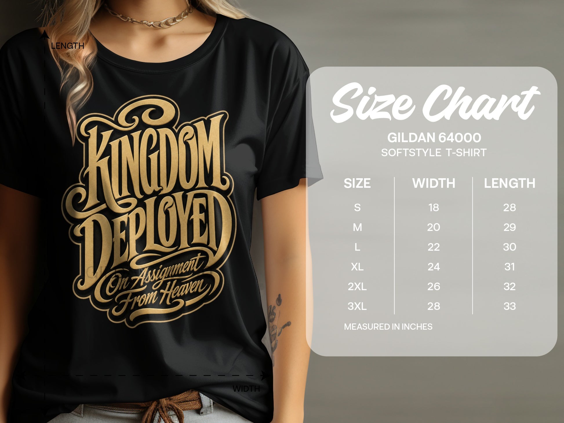 Black Gildan 64000 t-shirt with "Kingdom Deployed On Assignment From Heaven" graphic and size chart.