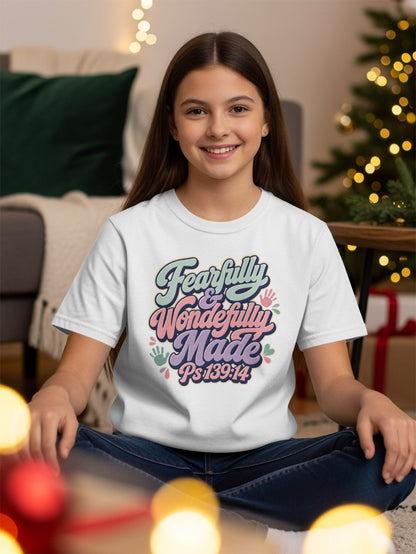 White t-shirt with "Fearfully & Wonderfully Made Ps 139:14" text and handprints.